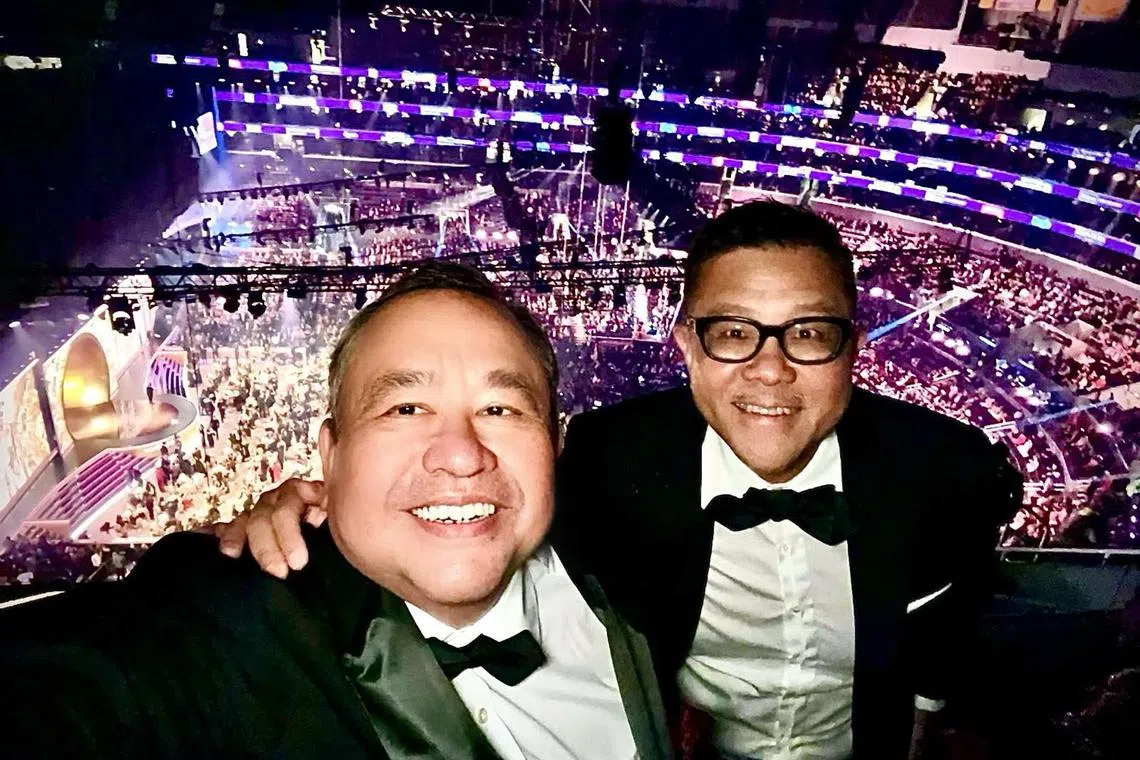 Singapore jazz musician Jeremy Monteiro (left) attended the 2024 Grammy Awards ceremony in Los Angeles with his friend, lawyer Patrick Ee.