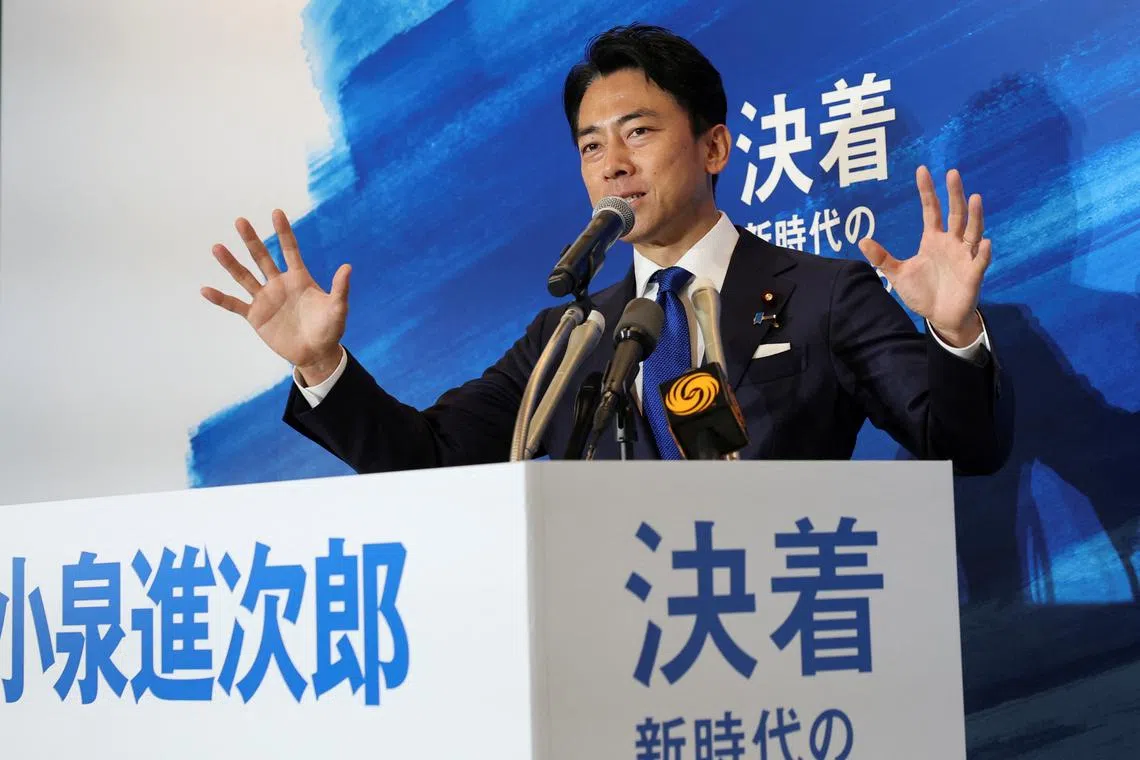 FILE PHOTO: Japanese former environment minister Shinjiro Koizumi, the 43-year-old son of former Prime Minister Junichiro Koizumi, speaks at a press conference ahead of the Liberal Democratic Party (LDP) leadership election in Tokyo, Japan, September 6, 2024. REUTERS/Kim Kyung-Hoon/File Photo