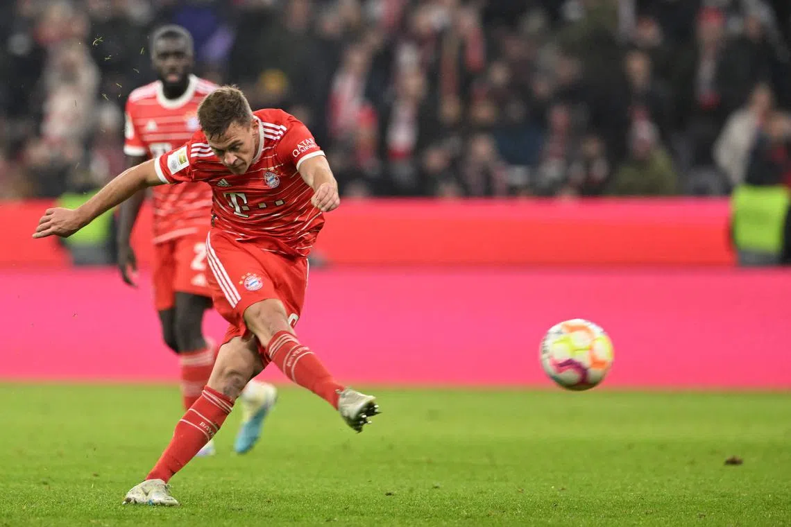 Bayern Munich's Joshua Kimmich scores the equalising goal against FC Cologne on Jan 24, 2023.