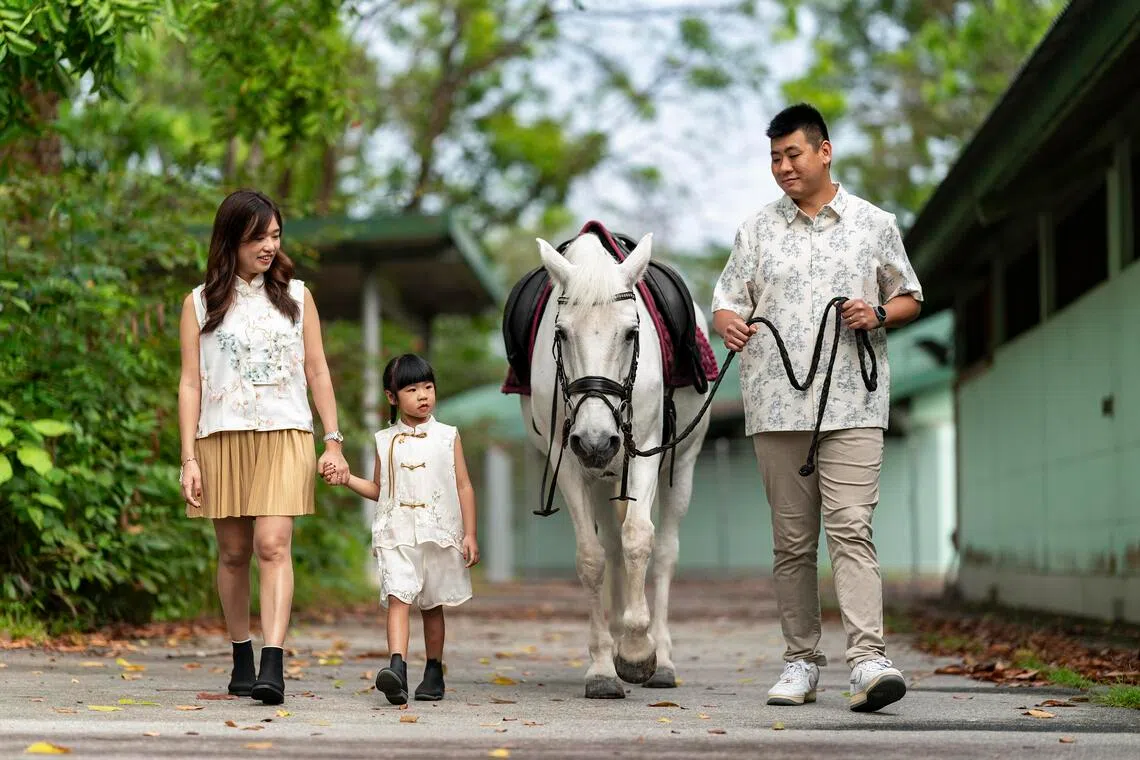 Ms Zann Chin, her husband Ting Min Long and their daughter Zaelyn posing for a family photograph with Molly the horse at Bukit Timah Saddle Club on Feb 18.