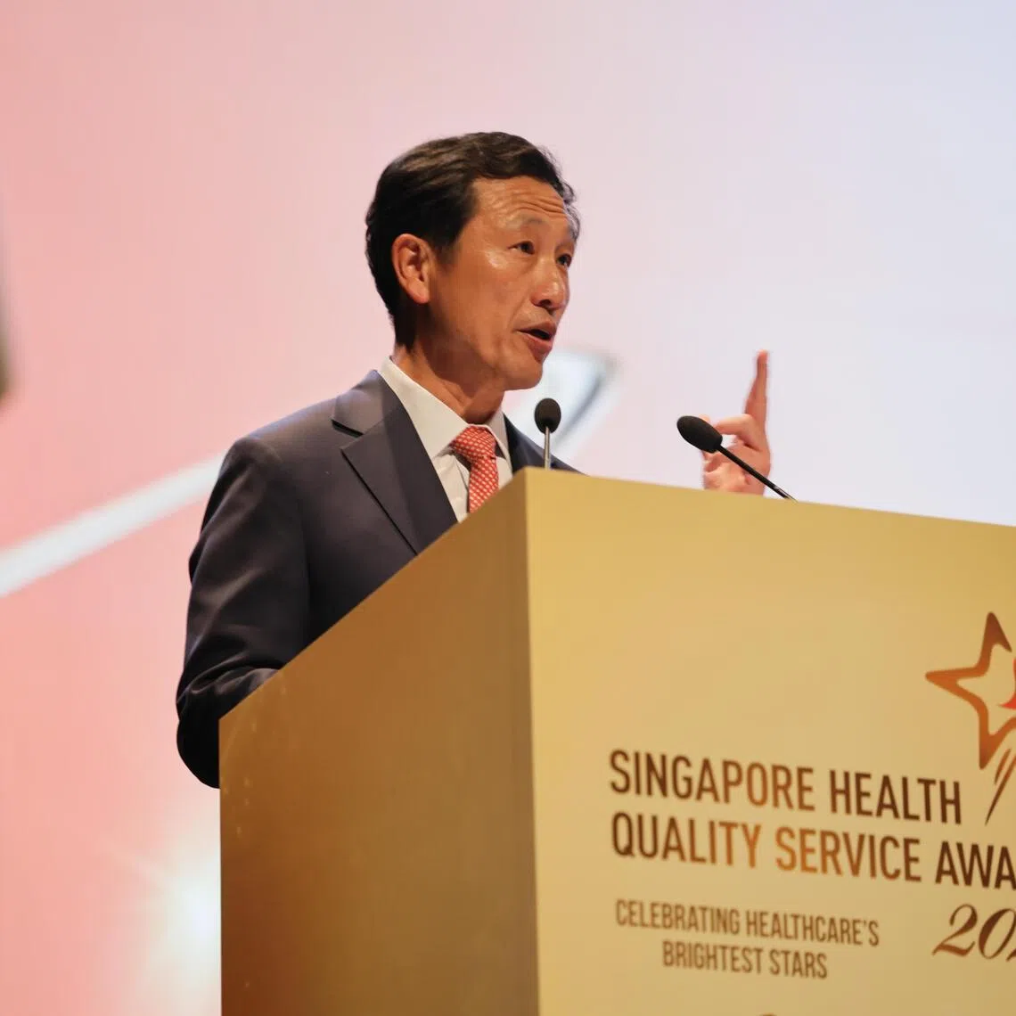 Minister for Health and  and Coordinating Minister for Social Policies Mr Ong Ye Kung; delivers his speech at the 17th Singapore Health Quality Service Awards (SHQSA) 2026 held at University Cultural Centre on Jan 16, 2026.