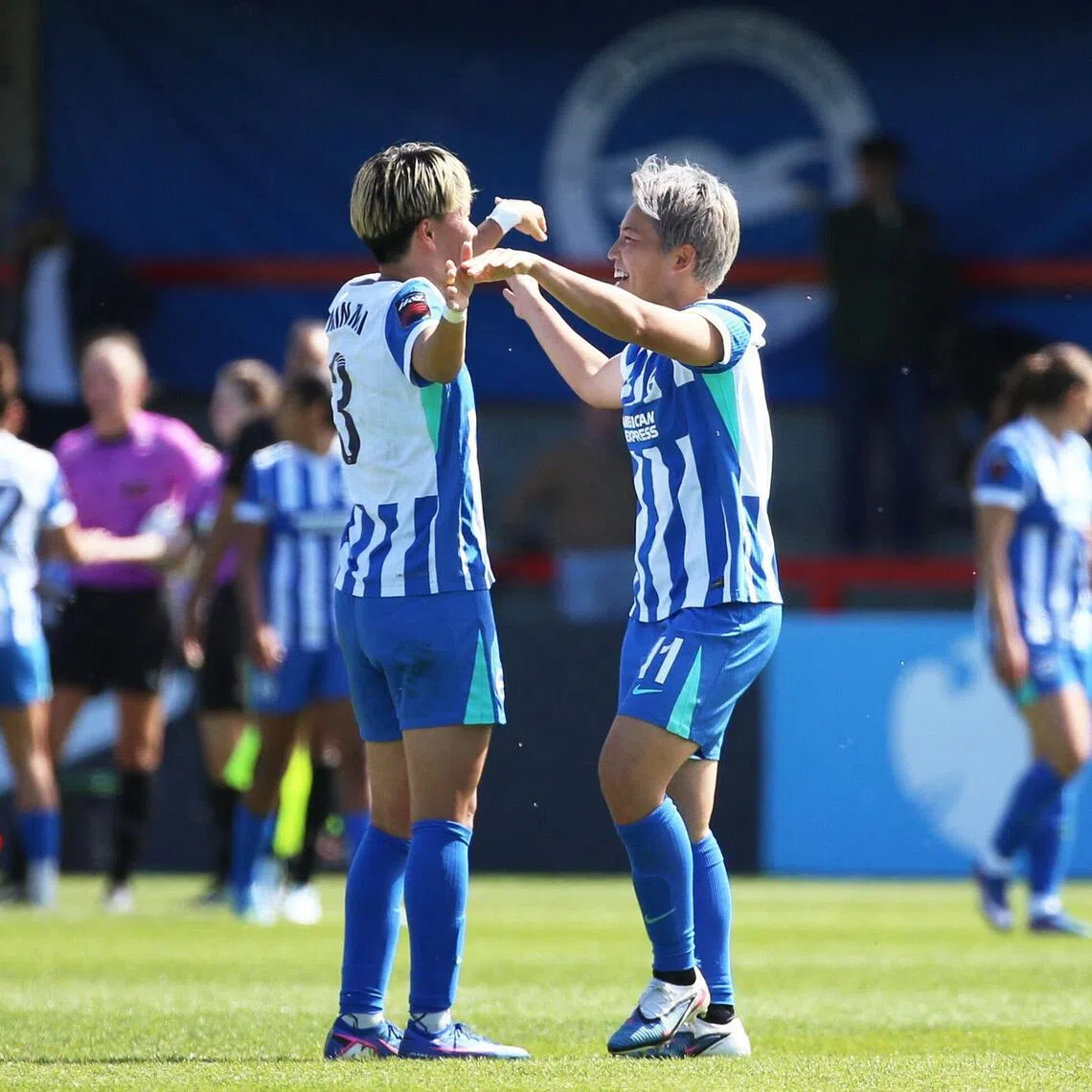 Brighton's Japanese internationals Moeka Minami (left) and Kiko Seike celebrating after their 3-2 Women's Super League win over Manchester City at Broadfield Stadium in Crawley on April 25, 2026.