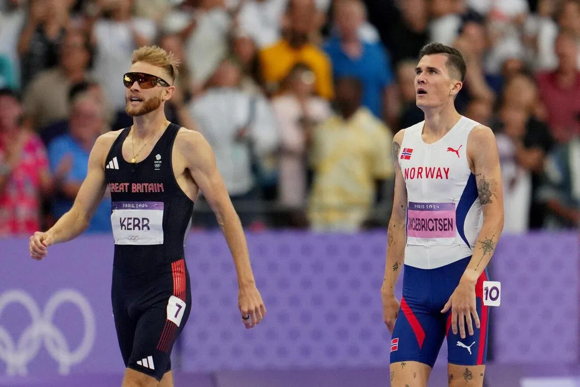 Josh Kerr of Britain (left) after winning silver at the 2024 Paris Olympics while Jakob Ingebrigtsen of Norway looks dejected.
