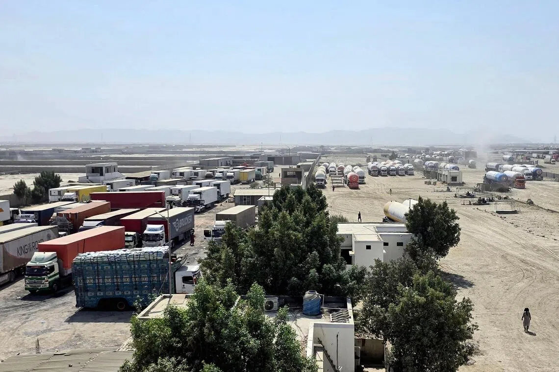 Cargo trucks remain halted at the Gabd-Rimdan border crossing in Pakistan’s Balochistan province on Oct 21.