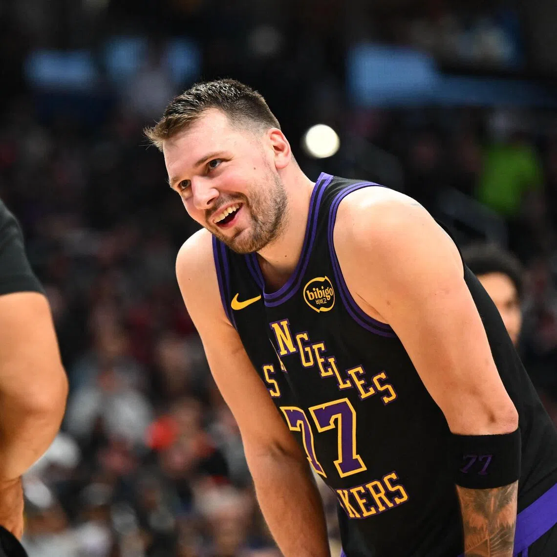 Los Angeles Lakers guard Luka Doncic speaking to referee Marc Davis during the second half of the 142-111 NBA win over the Washington Wizards at Capital One Arena on Jan 30, 2026.