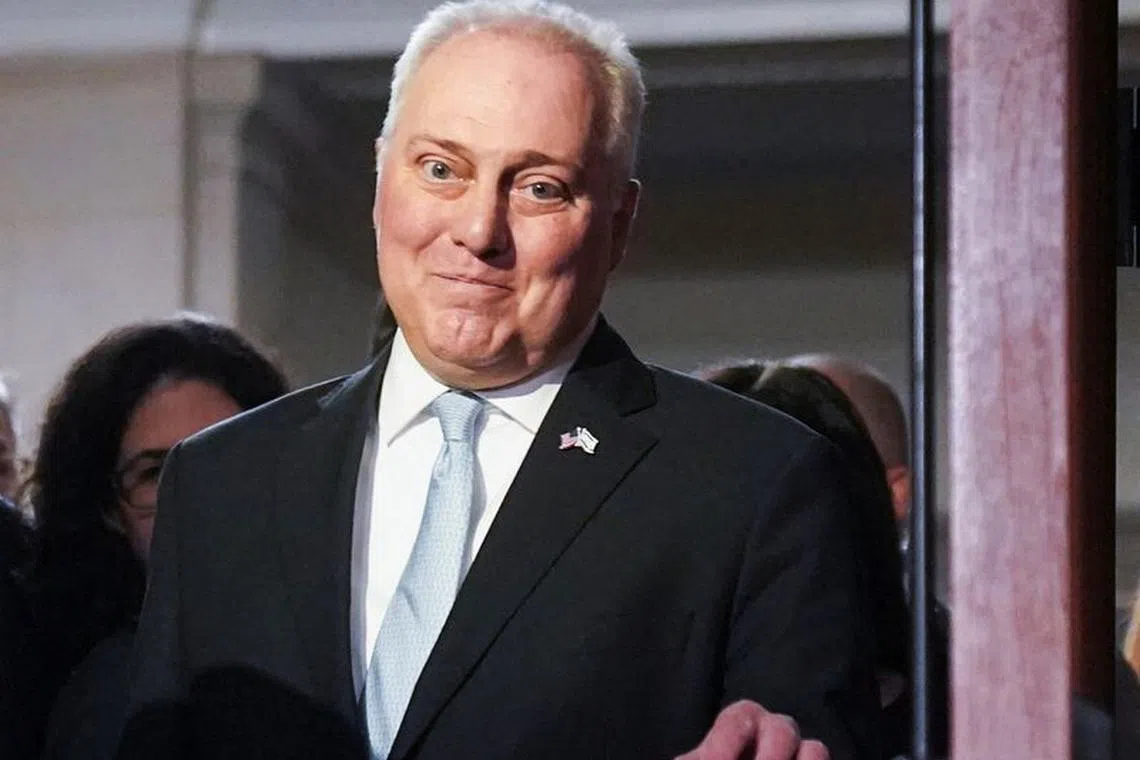 House Majority Leader Steve Scalise (R-LA) is pursued by reporters after he won a majority of votes in the House Republican caucus to become their nominee for next Speaker of the House during a Republican meeting held behind closed doors in the Longworth House office building on Capitol Hill in Washington, U.S., October 11, 2023. REUTERS/Kevin Lamarque
