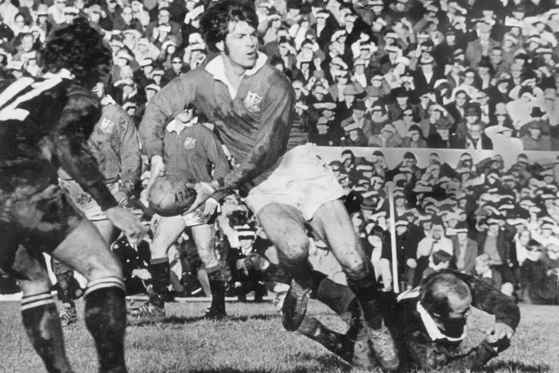 Welsh player Barry John in action during the British Lions' tour of New Zealand, in 1971.