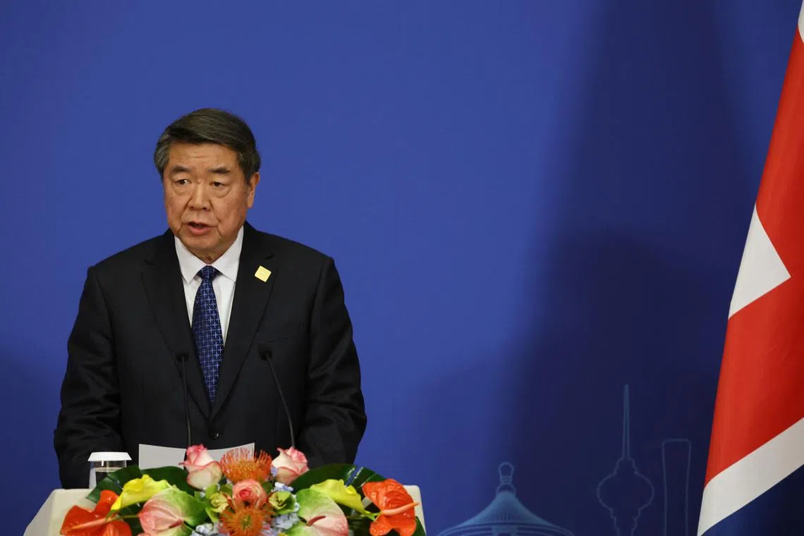Chinese Vice Premier He Lifeng delivers a press statement for the UK-China Economic and Financial Dialogue, at the Diaoyutai State Guesthouse in Beijing, China January 11, 2025. REUTERS/Florence Lo/File Photo