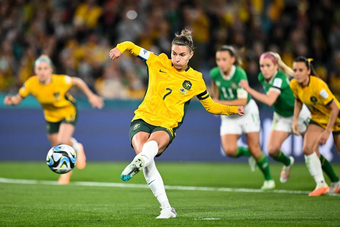 Stephanie Catley scoring a penalty to help Australia beat Ireland 1-0 in their Women's World Cup Group B opener on Thursday.