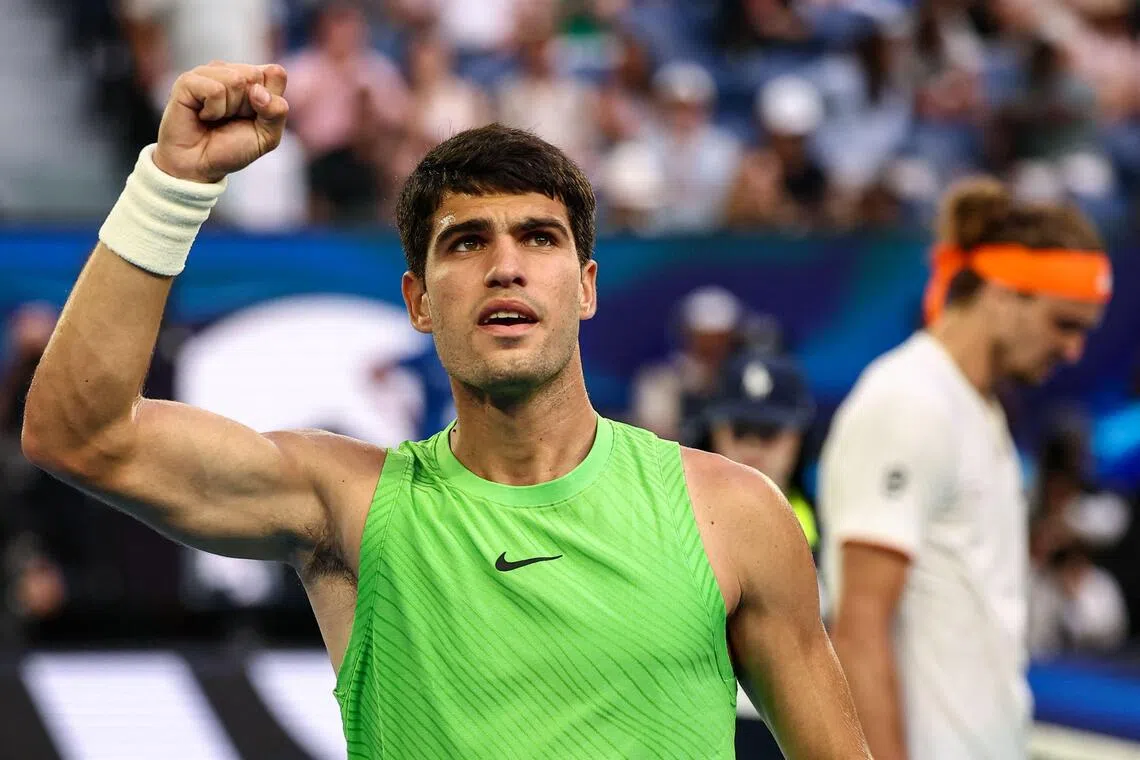 Spain's Carlos Alcaraz celebrating after winning his Australian Open semi-final 6-4, 7-6 (7-5), 6-7 (3-7), 6-7 against Alexander Zverev of Germany on Jan 30.