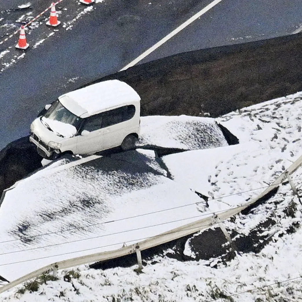 A collapsed road in Tohoku in Aomori Prefecture, northeastern Japan, on Dec 9, 2025, following a strong earthquake that struck the region.