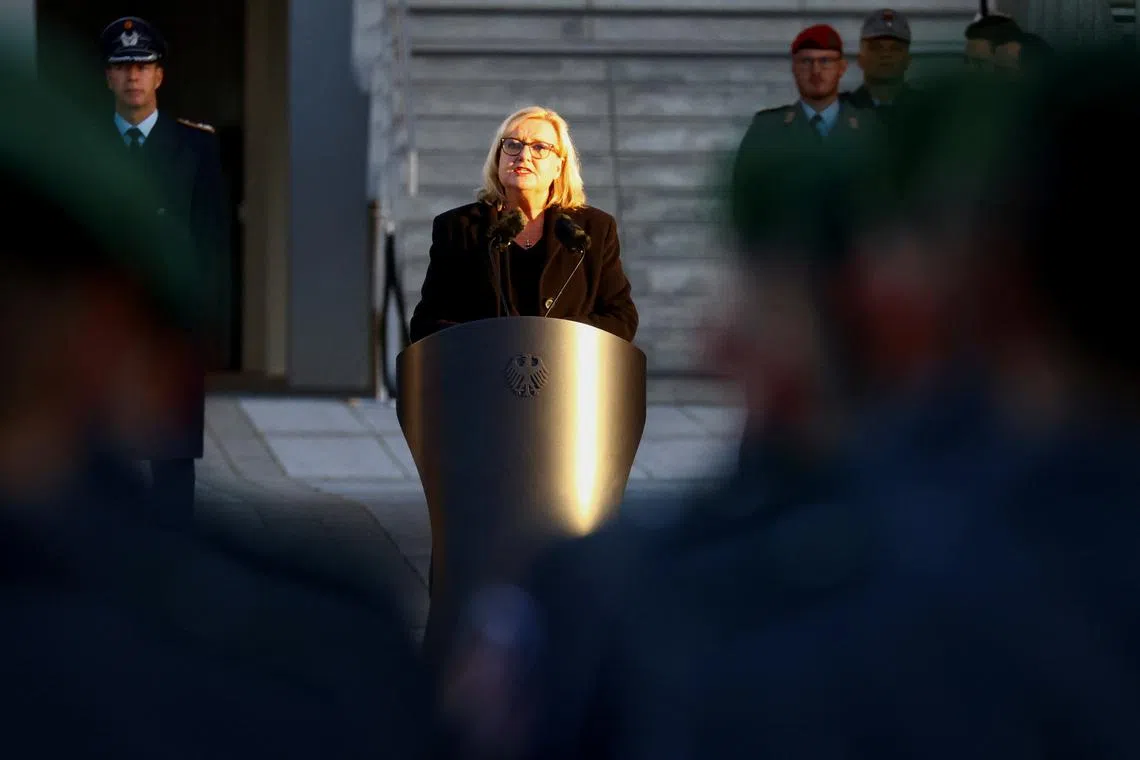 FILE PHOTO: Parliamentary Commissioner for the Armed Forces of Germany Eva Hoegl delivers a speech during a swearing-in ceremony for new recruits at the Bendlerblock, the German Ministry of Defense, in Berlin, Germany, November 12, 2022. REUTERS/Christian Mang/File Photo
