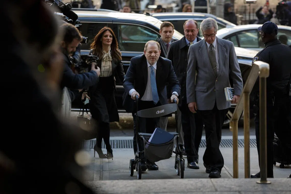 Harvey Weinstein (centre) arrives at New York Criminal Court for his sexual assault trial in the Manhattan borough of New York City on Jan 9, 2020. 
