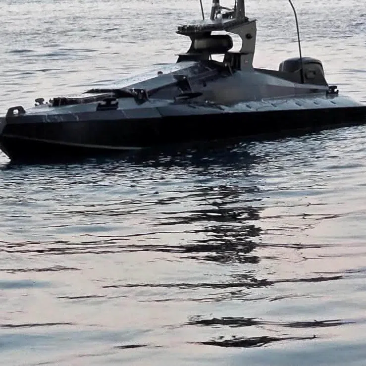 A marine drone, which Romanian Defence Minister Radu Miruta said was destroyed by F-16 fighter jets as it headed toward Romania's exclusive economic zone in the Black Sea near the Neptun Deep offshore gas project, is seen in this handout image obtained by Reuters on August 20, 2026.  Radu Miruta via Facebook/Handout via REUTERS