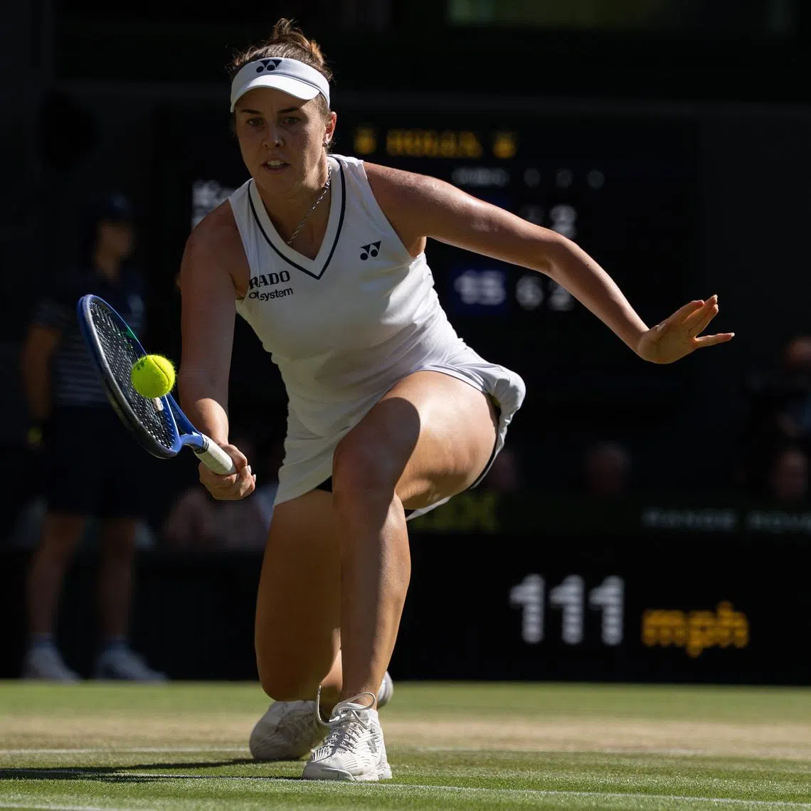 Jul 11, 2026; London, United Kingdom; Linda Noskova of the Czech Republic returns a shot during the women’s singles final against Karolina Muchova of the Czech Republic on day 13 at All England Lawn Tennis and Croquet Club.  Mandatory Credit: Susan Mullane-Imagn Images