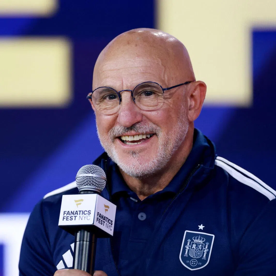 NEW YORK, NEW YORK - JULY 17: Luis De La Fuente, Head Coach of Spain, speaks during a press conference ahead of the FIFA World Cup 2026 Final at Fanatics Fest at Javits Center on July 17, 2026 in New York, New York.   Elsa/Getty Images/AFP (Photo by ELSA / GETTY IMAGES NORTH AMERICA / Getty Images via AFP)