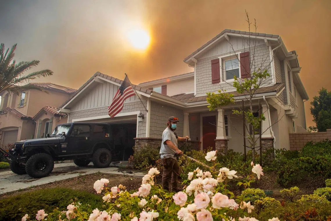 A resident using a garden hose to watering his front yard plants as the Sandy Fire burns in the hills close to a residential area in Simi Valley, California, US on May 18, 2026. About 24,000 people in Simi Valley, near Los Angeles, are under mandatory evacuation orders to leave.