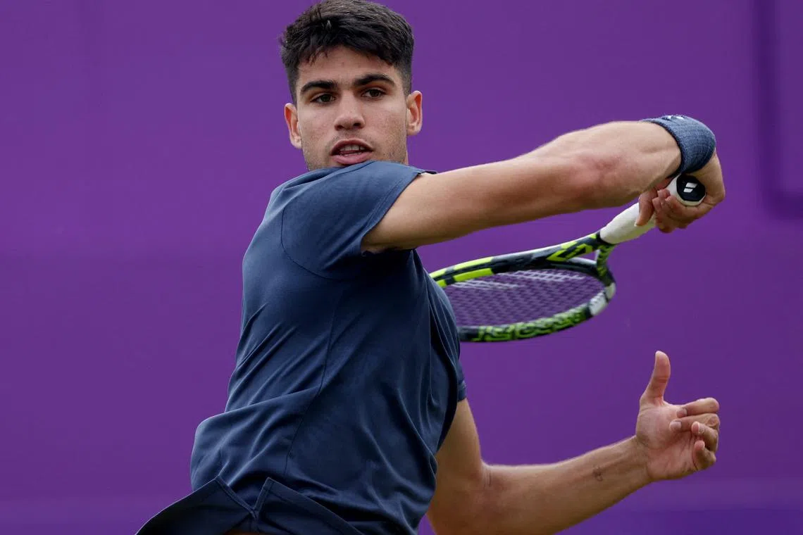 FILE PHOTO: Tennis - Queen's Club Championships - The Queen's Club, London, Britain - June 18, 2024 Spain's Carlos Alcaraz in action during his round of 32 match against Argentina's Francisco Cerundolo Action Images via Reuters/Paul Childs