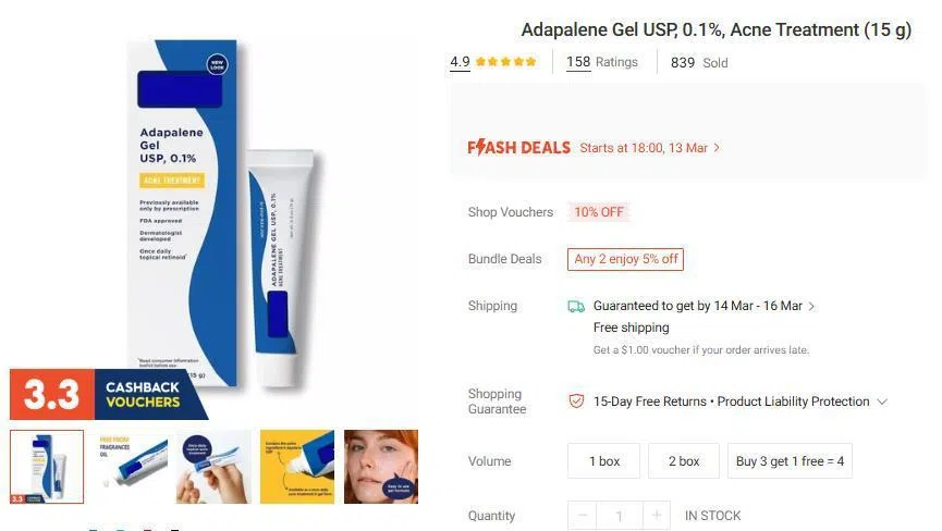 An online listing of illegal acne skin cream.