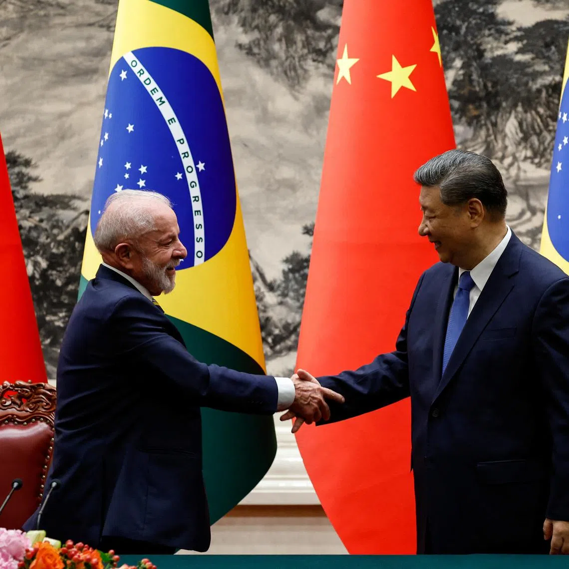 Brazilian President Luiz Inacio Lula da Silva with Chinese President Xi Jinping after a signing ceremony at the Great Hall of the People in Beijing on May 13.