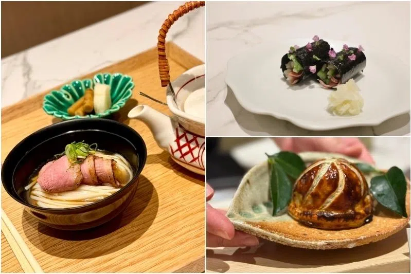 (Clockwise from left) Hiyamugi noodles in duck dashi with smoked, Nori rolls filled with firefly squid, and chopped fatty tuna, and Abalone Pithivier at Kou.