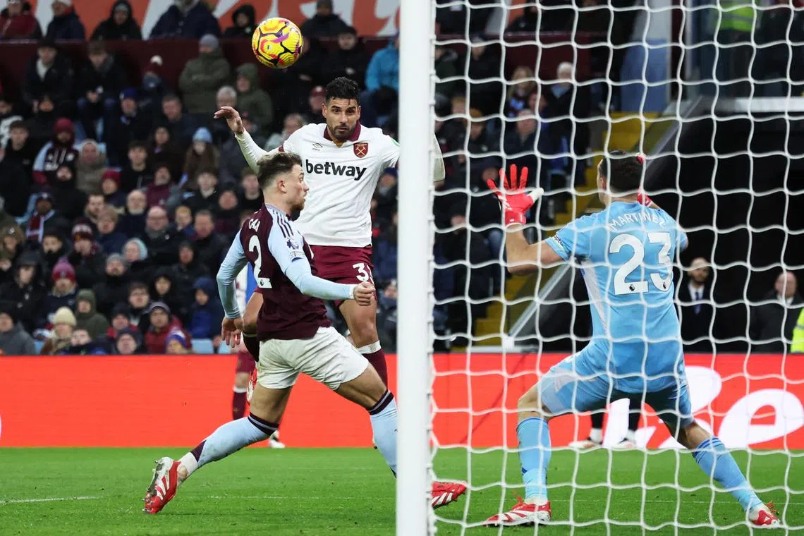 Soccer Football - Premier League - Aston Villa v West Ham United - Villa Park, Birmingham, Britain - January 26, 2025 West Ham United's Emerson Palmieri scores their first goal REUTERS/David Klein