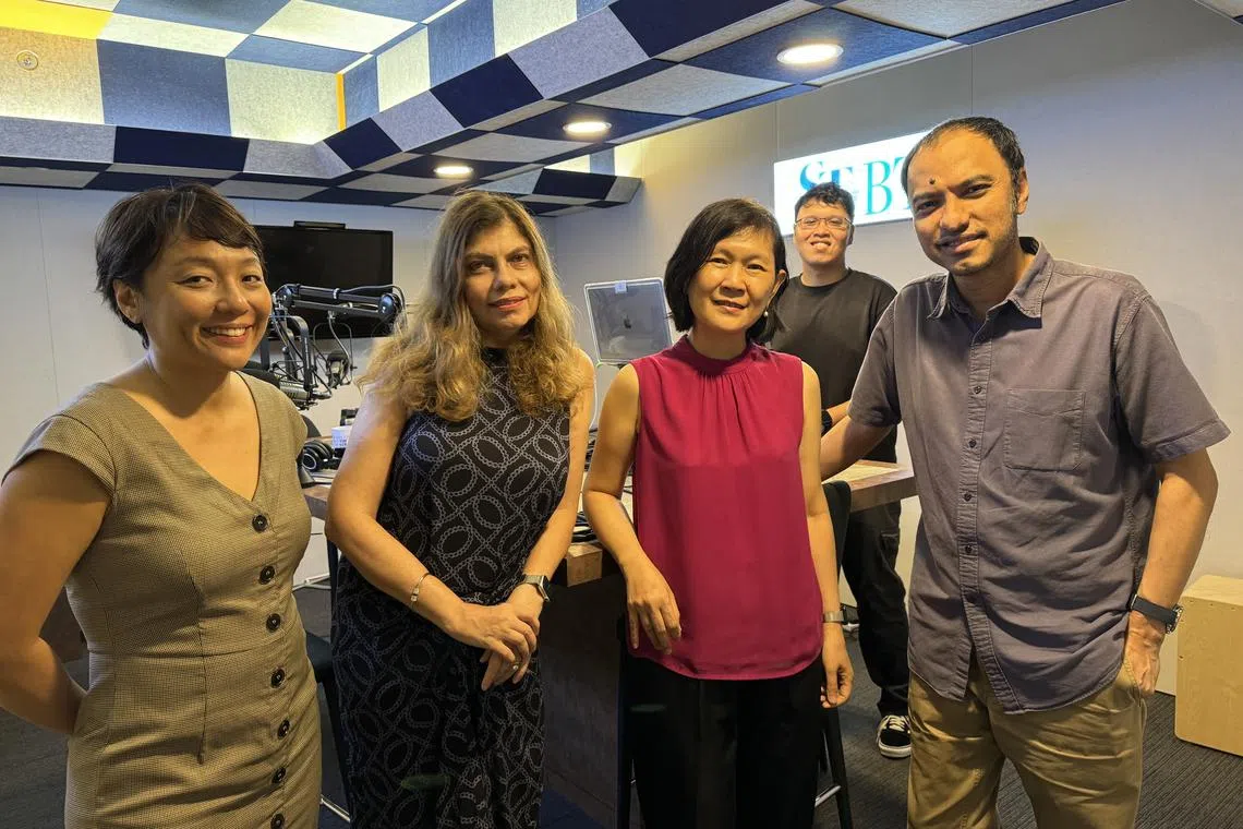 (Front row left to right): ST's assistant podcast editor Lynda Hong, Ms Neeta Lachmandas, founder of ConsciousService, Associate Professor Helen Ko from the Singapore University of Social Sciences, and podcast editor Ernest Luis. (Back): Podcast producer Hadyu Rahim.