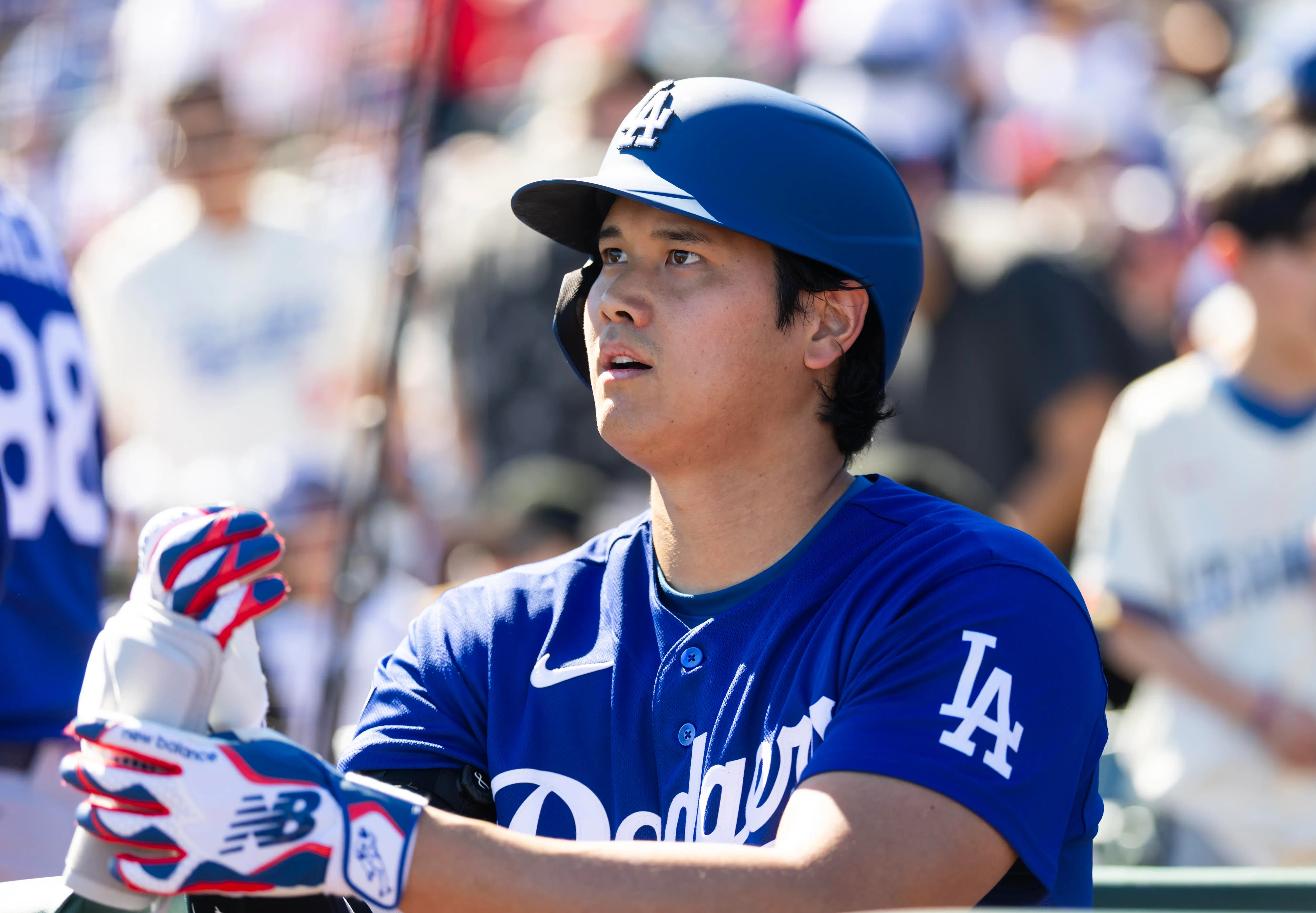 Feb 21, 2026; Tempe, Arizona, USA; Los Angeles Dodgers designated hitter Shohei Ohtani against the Los Angeles Angels during a spring training game at Tempe Diablo Stadium. Mandatory Credit: Mark J. Rebilas-Imagn Images