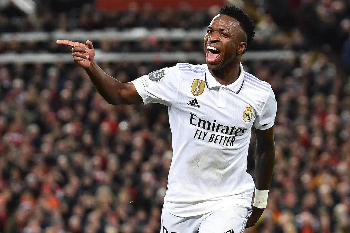 Real Madrid's Vinicius Junior celebrates scoring his second goal.
