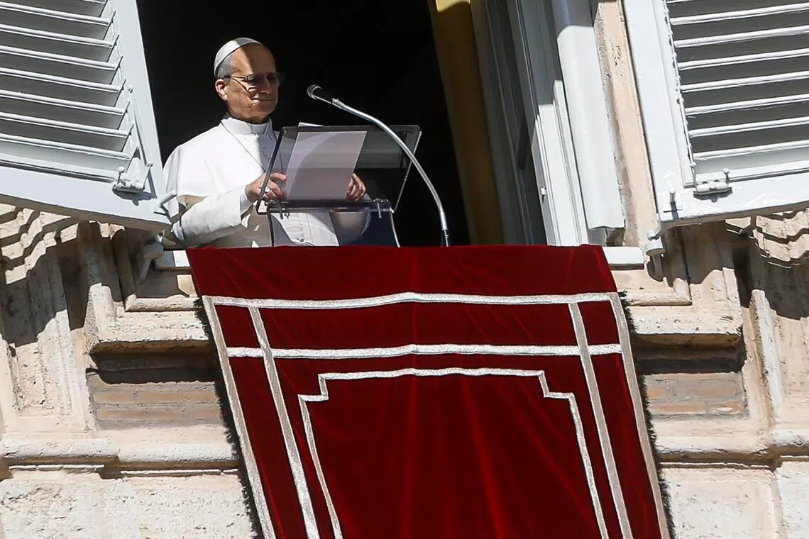 epa12742454 Pope Leo XIV during the Angelus prayer, traditional Sunday's prayer, from the window of his office overlooking Saint Peter's Square, Vatican City, 15 February 2026.  EPA/ANGELO CARCONI