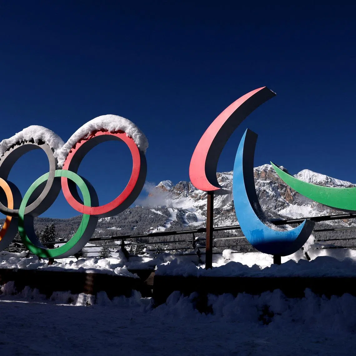 FILE PHOTO: Milano Cortina 2026 Winter Olympics - Previews - Cortina d'Ampezzo, Italy - January 26, 2026 General view of the Olympic rings and the Paralympics Agitos logo ahead of the Milano Cortina 2026 Winter Olympics REUTERS/Claudia Greco/File Photo