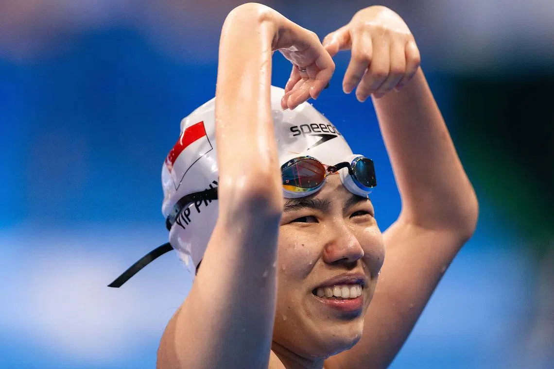 Singapore’s Yip Pin Xiu celebrating after winning a gold medal in the S2 100m backstroke at the Paris 2024 Paralympics Games on Aug 29, 2024.