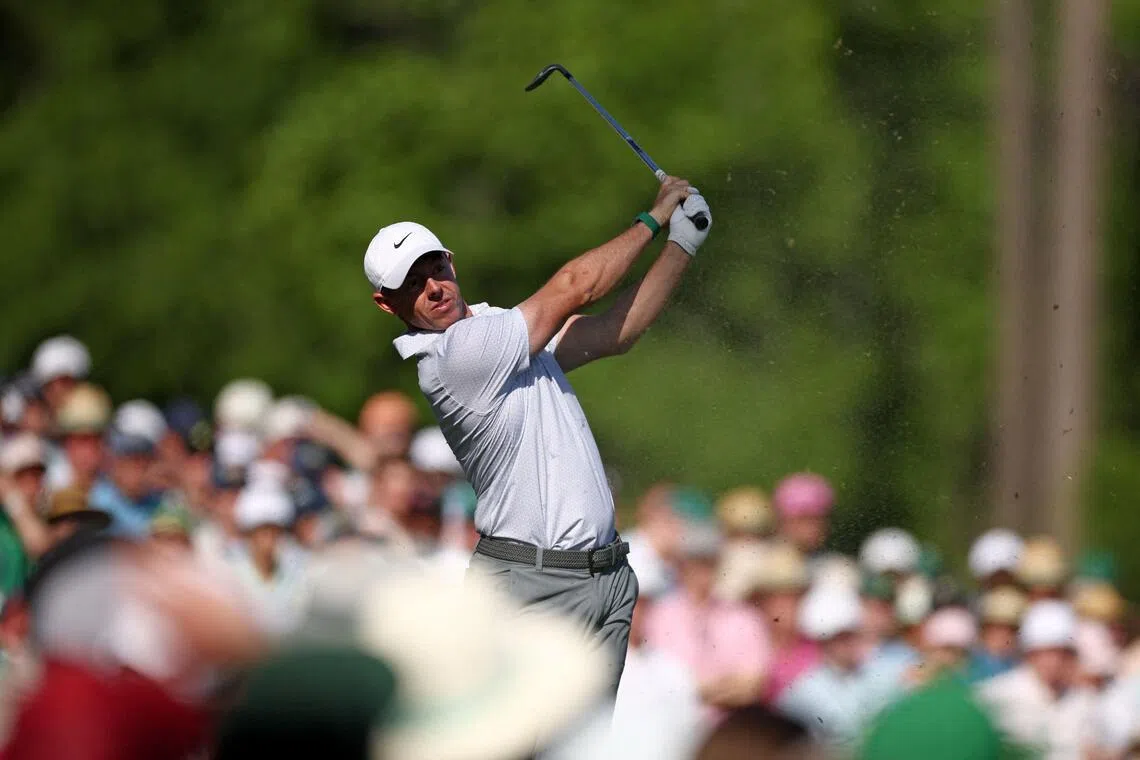 Northern Ireland's Rory McIlroy playing his shot from the 12th tee during the second round of the 2026 Masters.