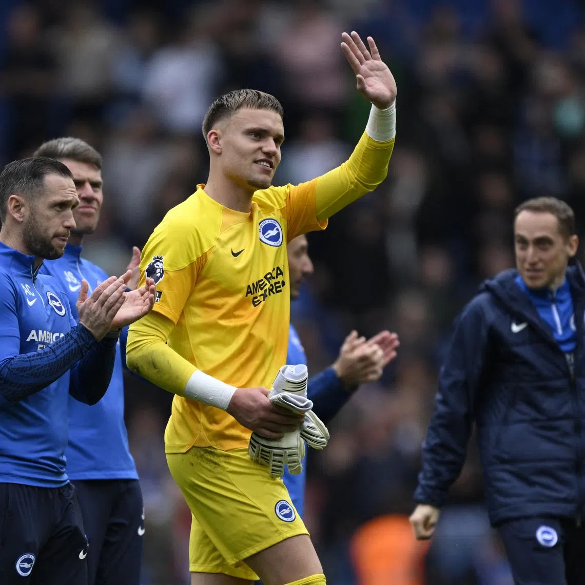FILE PHOTO: Soccer Football - Premier League - Brighton & Hove Albion v Aston Villa - The American Express Community Stadium, Brighton, Britain - May 5, 2024 Brighton & Hove Albion's Bart Verbruggen celebrates after the match REUTERS/Tony Obrien/File Photo