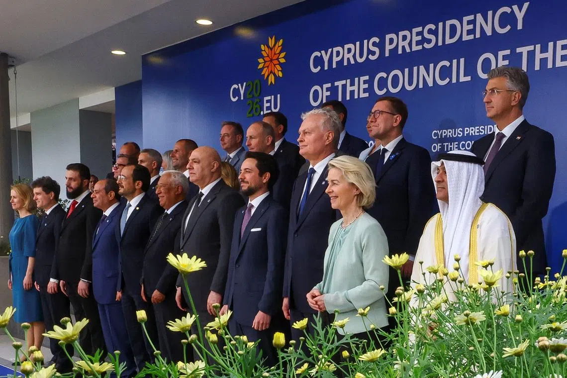 Attendees pose for a family photo on the day of a summit of the European Union and regional partners' leaders in Nicosia (Lefkosia), Cyprus, April 24, 2026. REUTERS/Yves Herman
