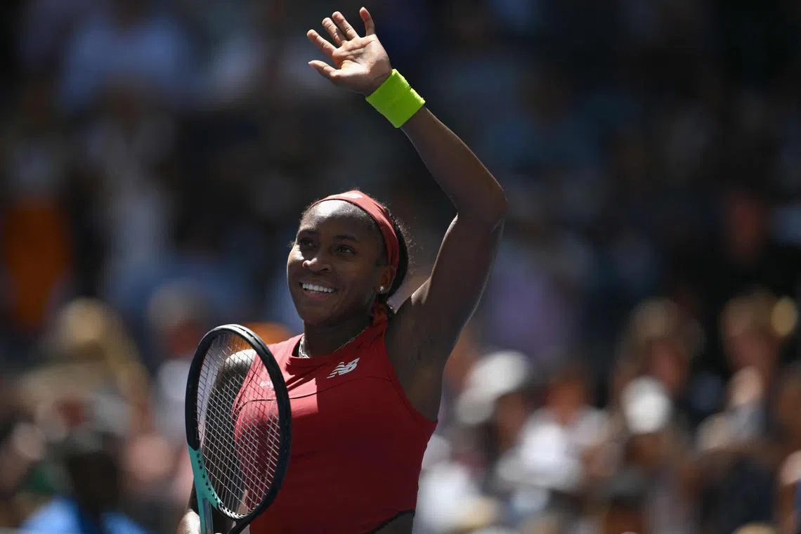 Coco Gauff reacting after winning against Russia's Mirra Andreeva during their US Open second round match. 