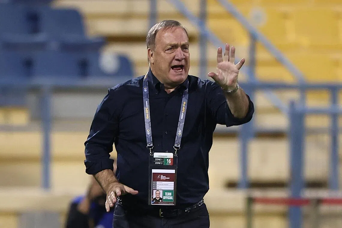 Then Iraq coach Dick Advocaat barking instructions to his players during the 2022 Qatar World Cup Asian qualifier against South Korea in the Qatari capital Doha, on Nov 16, 2021.