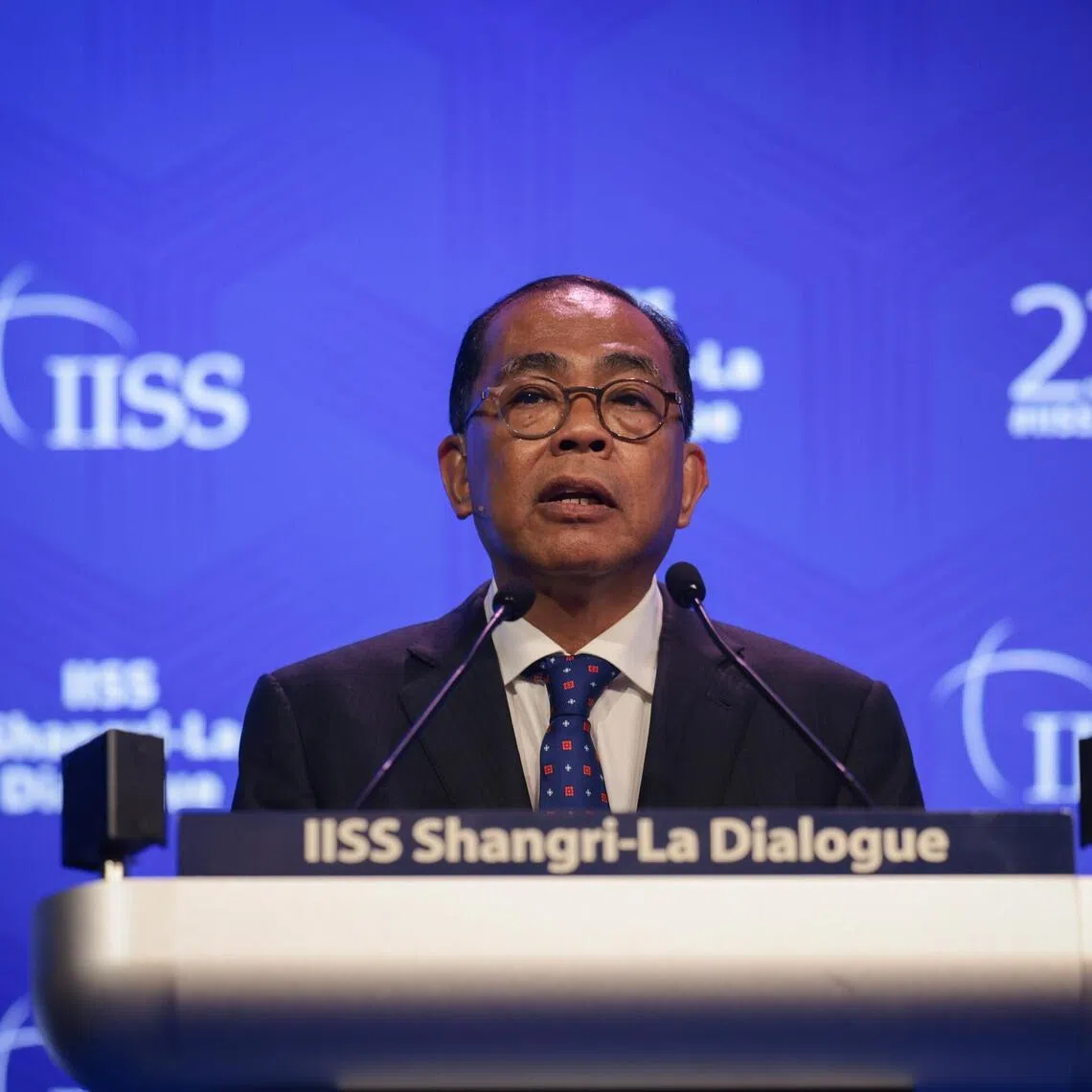 Malaysia Defence Minister Khaled Nordin speaking at a plenary session on managing regional tensions amid global competition at the Shangri-La Dialogue on May 31.