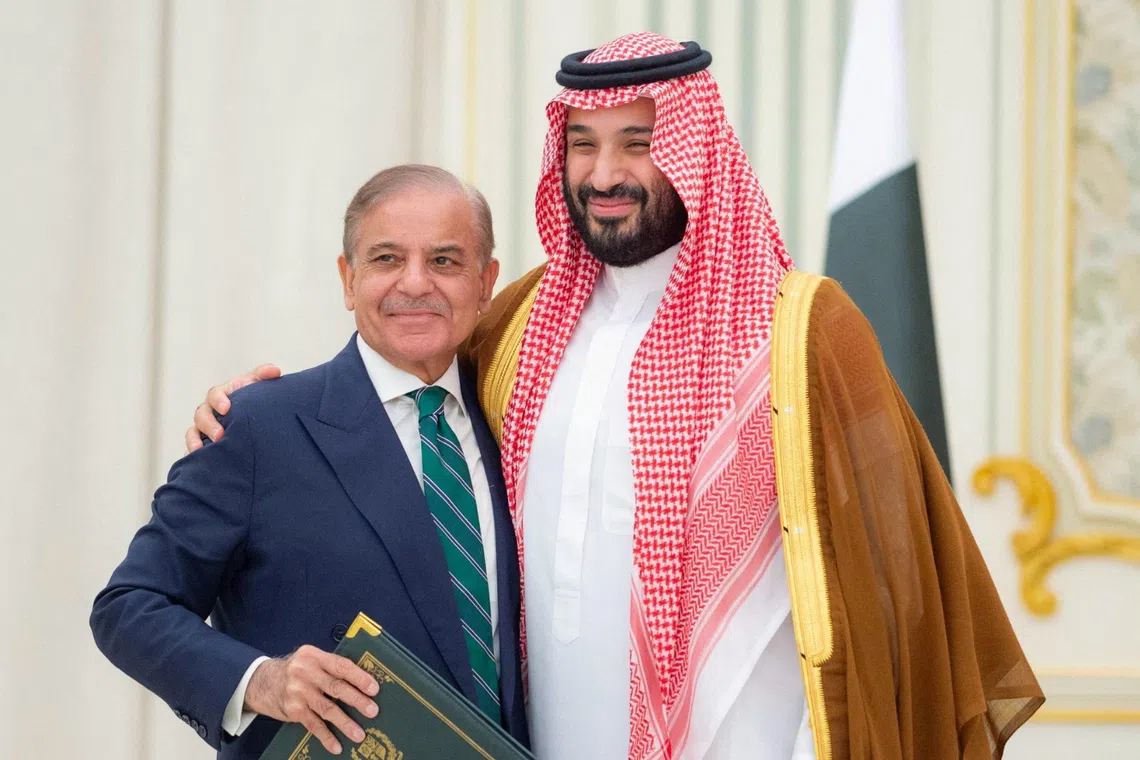 Pakistani Prime Minister Shehbaz Sharif (left) with Saudi Crown Prince Mohammed bin Salman in Riyadh on Sept 17.