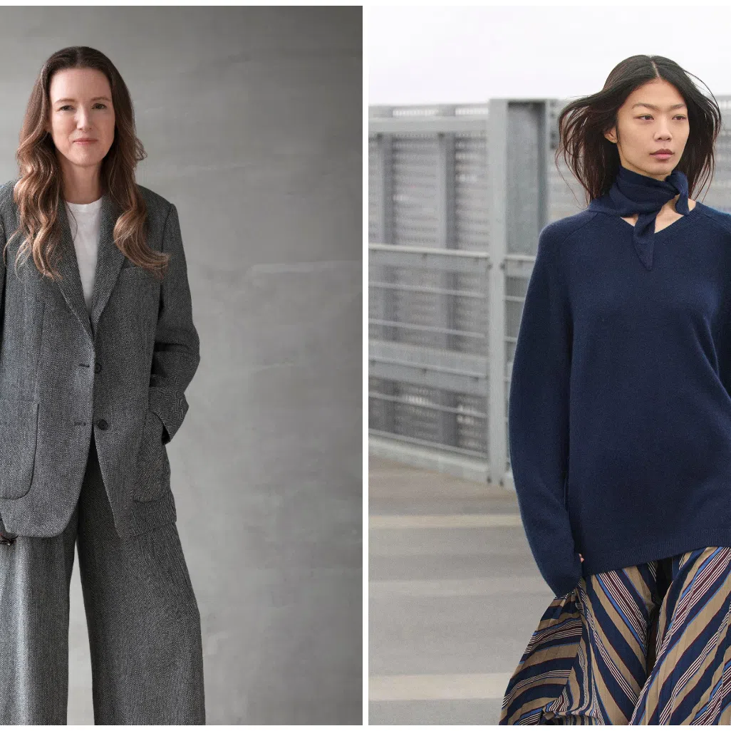 Uniqlo's creative director Clare Waight Keller (left) and the Uniqlo : C Fall/Winter 2025 collection designed by her.