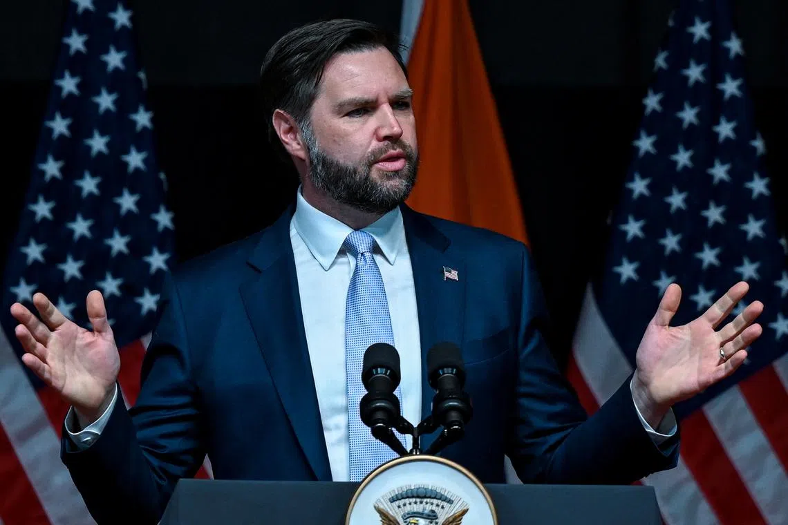 U.S. Vice President JD Vance delivers remarks at the Rajasthan International Centre in Jaipur, India, on Tuesday, April 22, 2025. Kenny Holston/Pool via REUTERS/File Photo