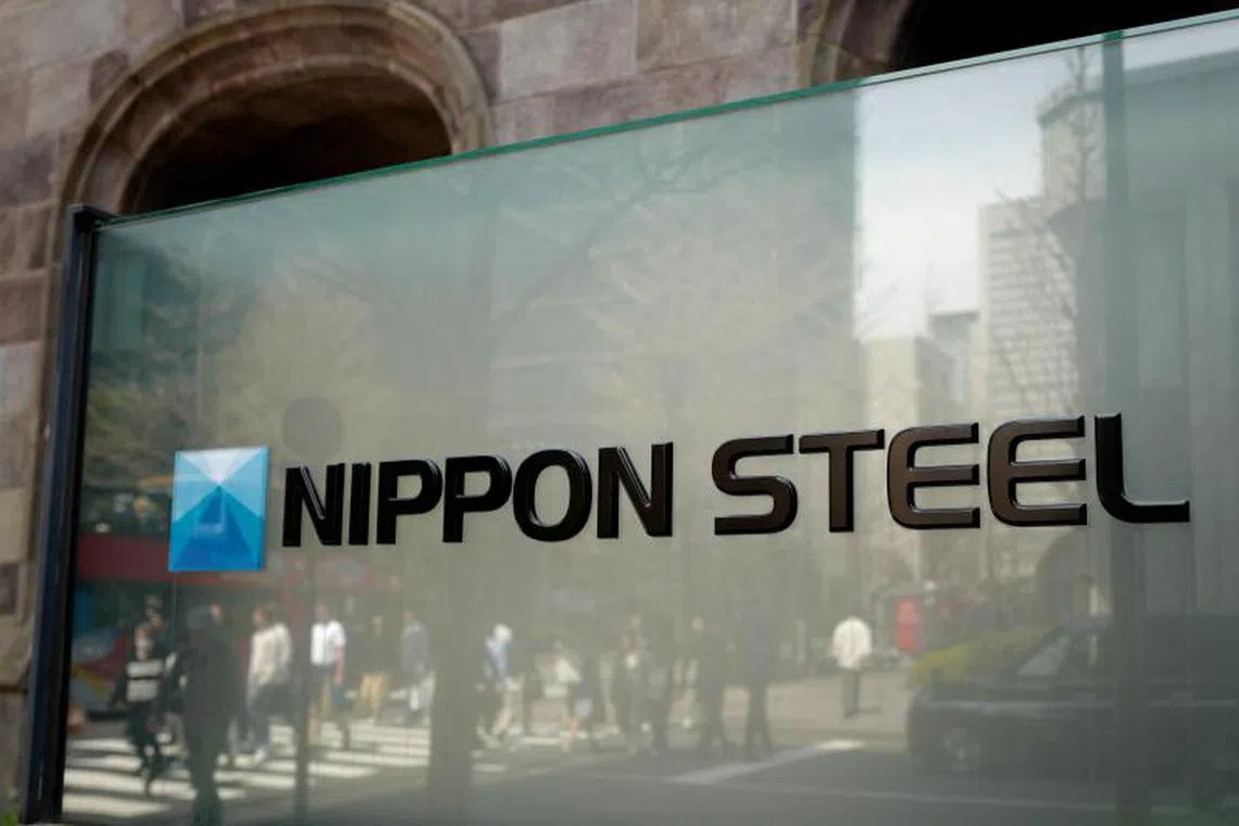 This photo taken on April 10, 2025 shows the logo of Japan's largest steel manufacturer Nippon Steel corporation displayed in front of the company's head office in Tokyo. (Photo by Kazuhiro NOGI / AFP)