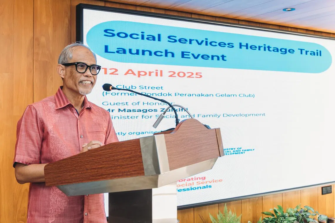 Minister for Social and Family Development Masagos Zulkifli speaking at the launch of the Social Services Heritage Trail on April 12. 