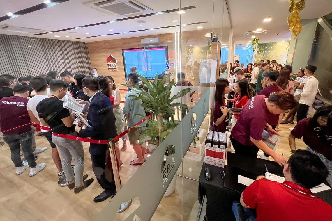 Potential buyers of Blossoms by the Park queuing to book their unit at the ERA APAC Centre in Toa Payoh, April 29, 2023.