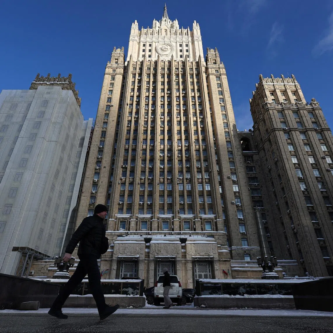 A man walks past the Russian Foreign Ministry headquarters in Moscow, Russia February 9, 2026. REUTERS/Ramil Sitdikov