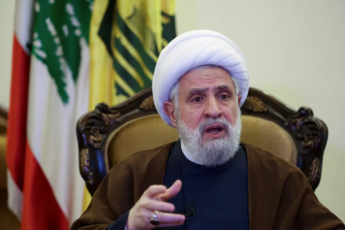 FILE PHOTO: Lebanon's Hezbollah deputy leader Sheikh Naim Qassem speaks during an interview with Reuters in in Beirut's suburbs, June 6, 2022. REUTERS/Aziz Taher/File Photo
