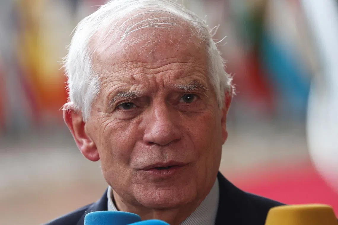 FILE PHOTO: European Union Foreign Policy Chief Josep Borrell talks to the press as he arrives for a meeting of European Union foreign ministers in Brussels, Belgium February 19, 2024. REUTERS/Yves Herman/ File photo