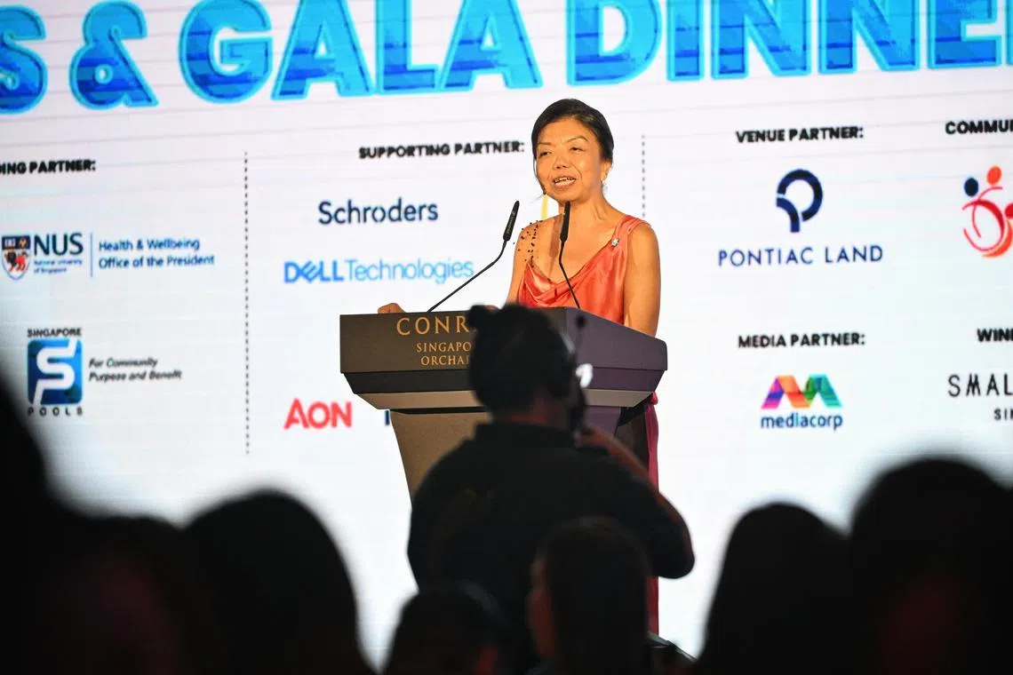 Anthea Ong, Founding Chairperson of WorkWell Leaders delivering her spech at the WorkWell Leaders Awards & Gala Dinner 2024 at Royal Pavilion Ballroom Conrad Singapore Orchard on March 14, 2024.