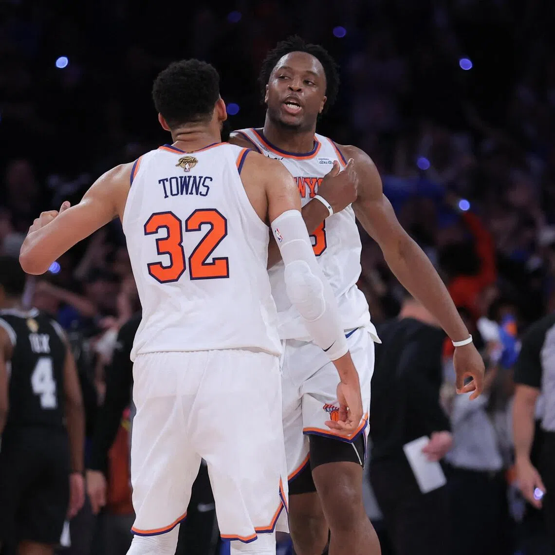 New York Knicks forward Og Anunoby and center Karl-Anthony Towns during the fourth quarter in Game 4 of the NBA Finals against the San Antonio Spurs.