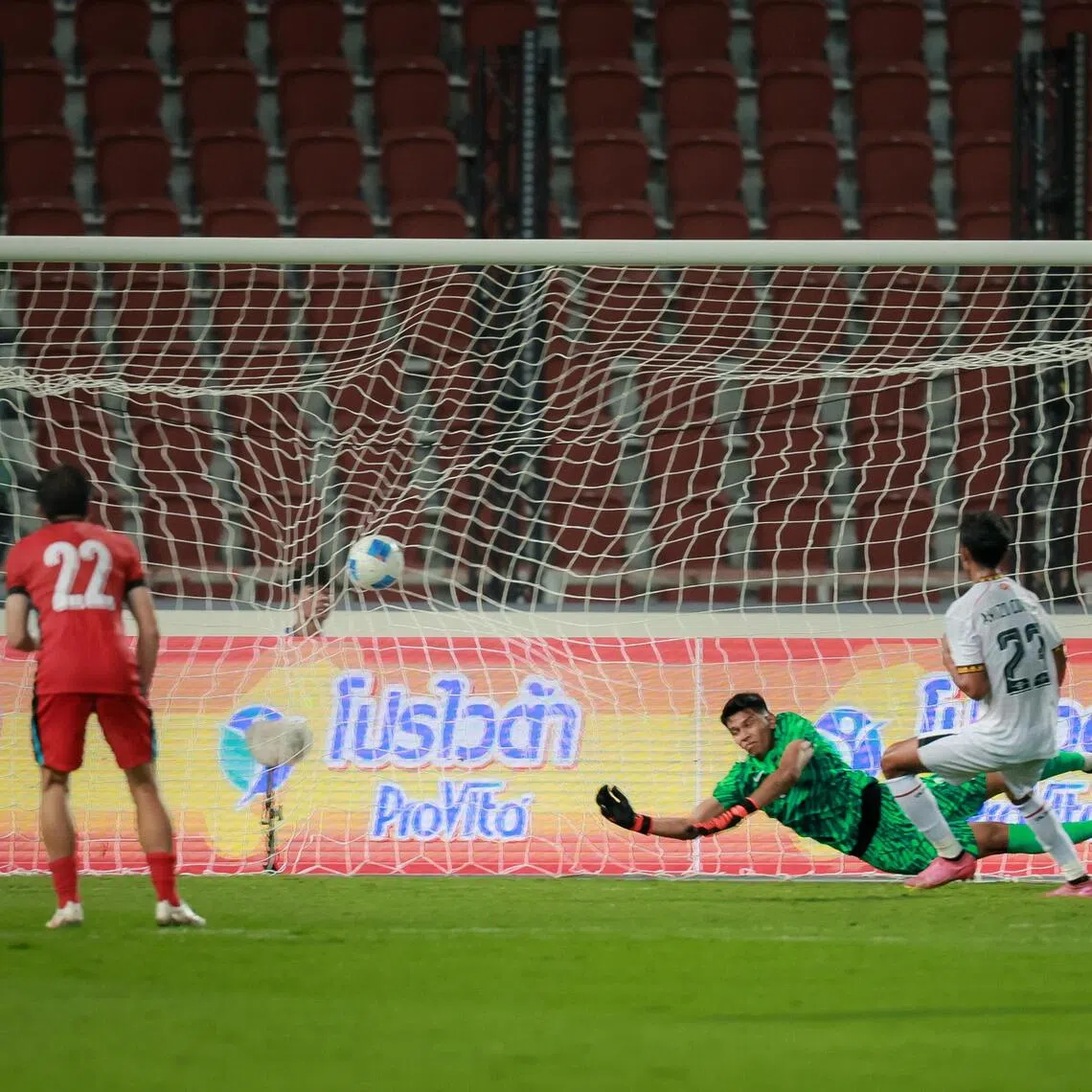 Timor-Leste scoring against Singapore in their SEA Games group match at the Rajamangala National Stadium on Dec 6.